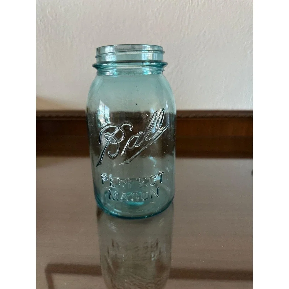 Antique 1910-1923 Blue Ball Perfect Mason Quart Jar 1 Wavy Glass Air Bubbles